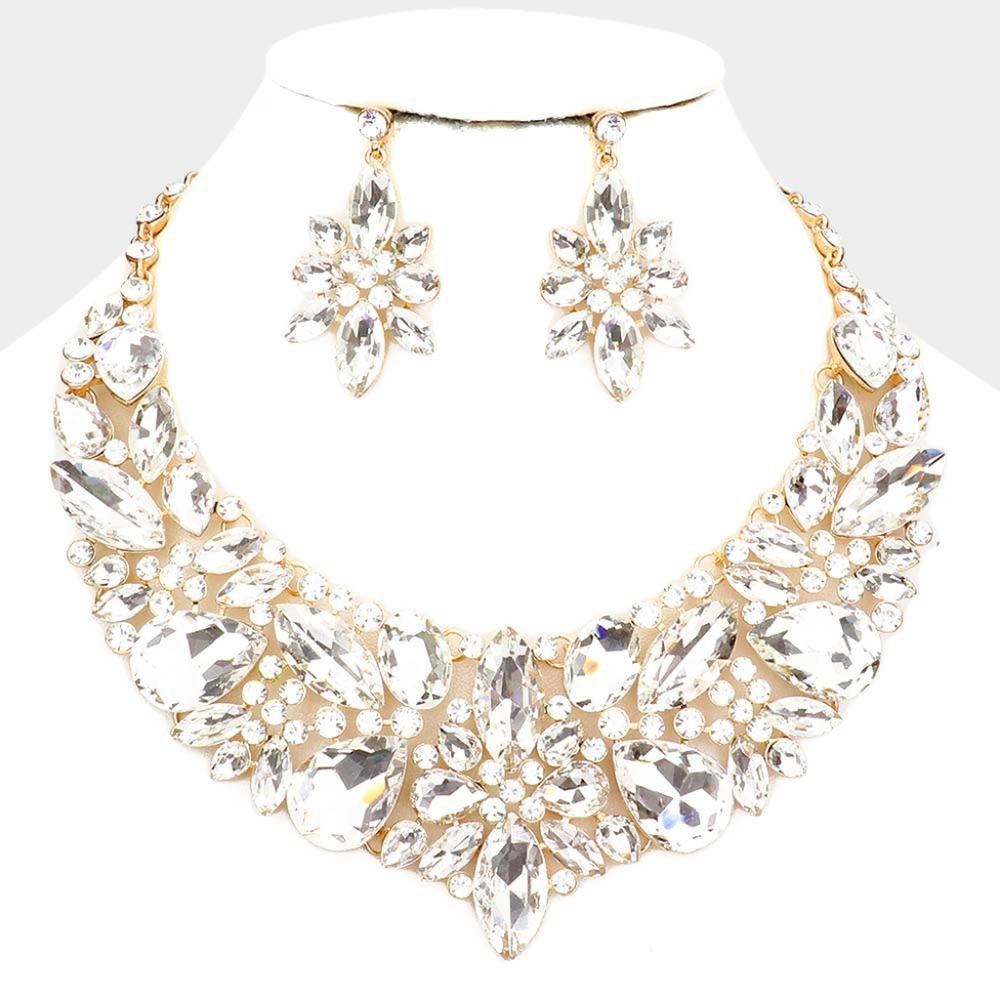 Gold Crystals Multi Stone Statement Necklace Set Glamorous Evening Wear Jewelry